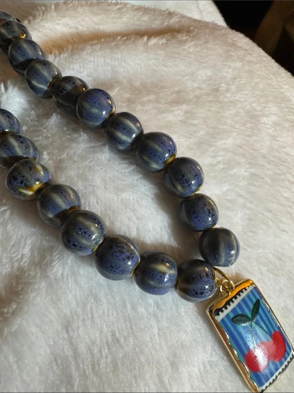 Blue Beaded Necklace with Cherry Pendant - Unbranded